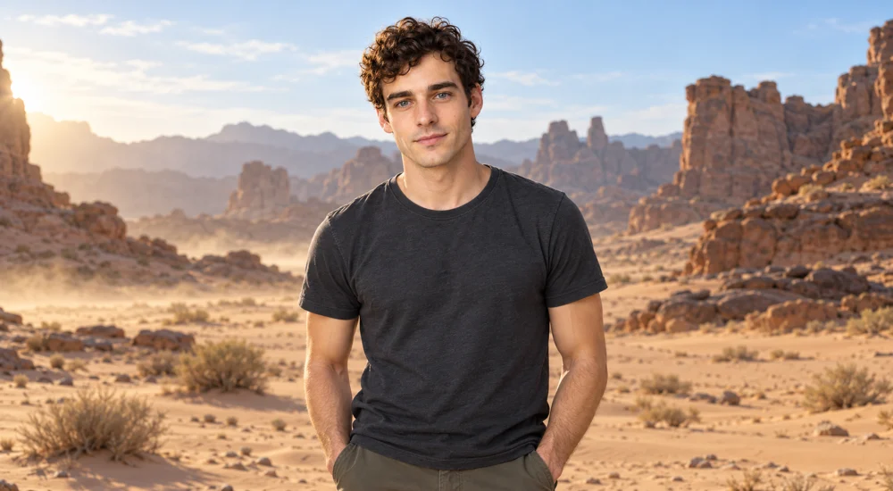 Eli’s saved wide reference shows him down to his hips, with open desert and red rock formations on either side.