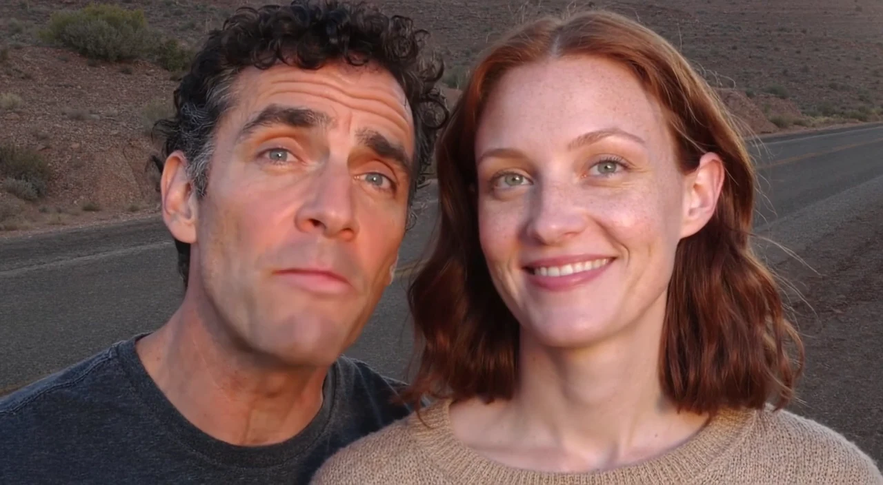 Actual frame at seven seconds from the earlier Last Light render. Two performers fill the image in a close-up by a desert road; the requested waist-up framing, station wagon, and postcard are absent from this frame.