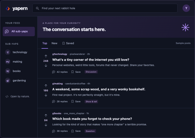 The actual homepage preview shows sample posts in sub-yaps such as technology and making, with voting and save controls. These interactions use local page state.