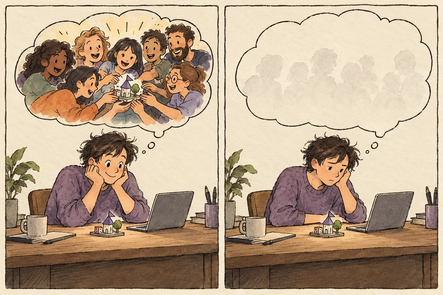 Two-panel editorial illustration. The same developer sits at the same desk with the same software creation. In the first panel, a thought balloon holds an enthusiastic crowd; in the second, the imagined crowd has faded and the developer slumps. The work itself has not changed.