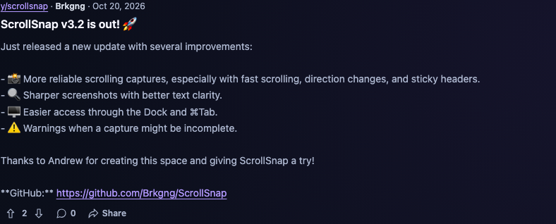 Brkgng’s actual ScrollSnap v3.2 post in y/scrollsnap lists capture improvements and thanks Andrew for creating the space and trying the app.