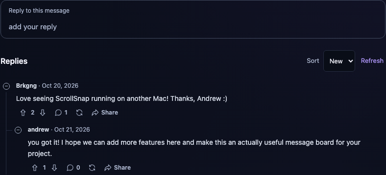 The live Xcode thread shows Brkgng’s reply and Andrew’s indented answer connected by a subtle thread line. Brkgng’s reply has one direct child; Andrew’s has zero.
